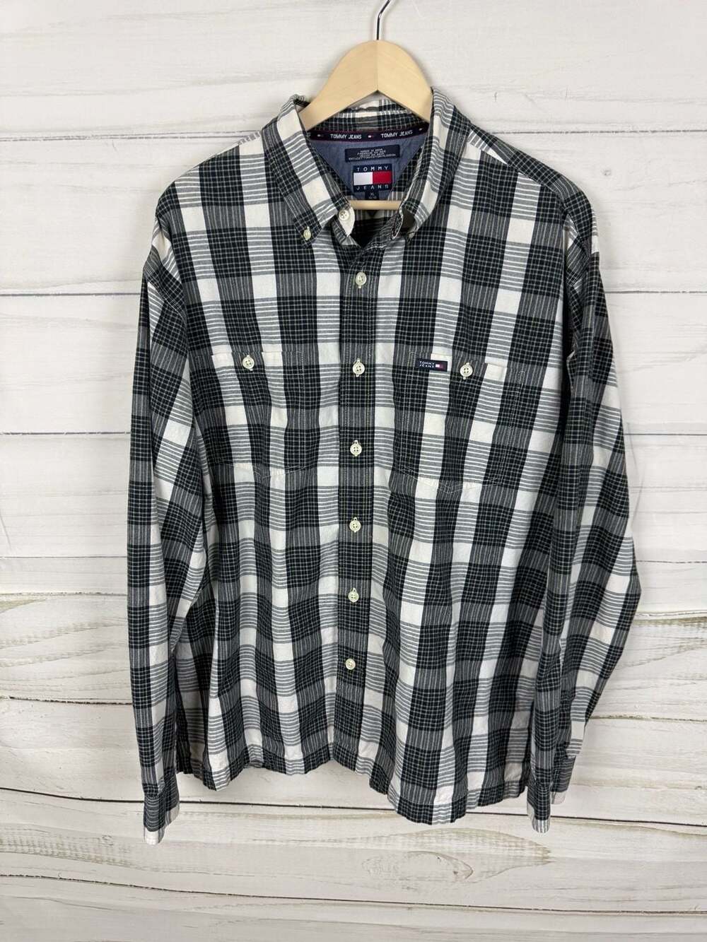 Tommy Jeans Long Sleeve Button-Down Plaid Shirt Black and White